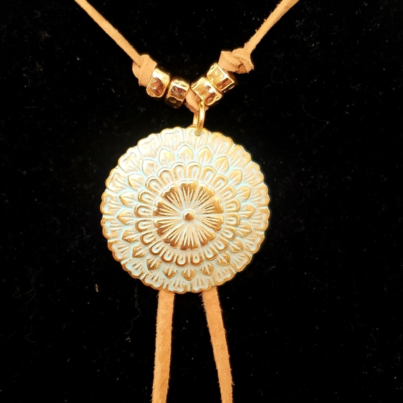 Boho cream suede cord w/distressed brass pendant - Picture 2 of 4
